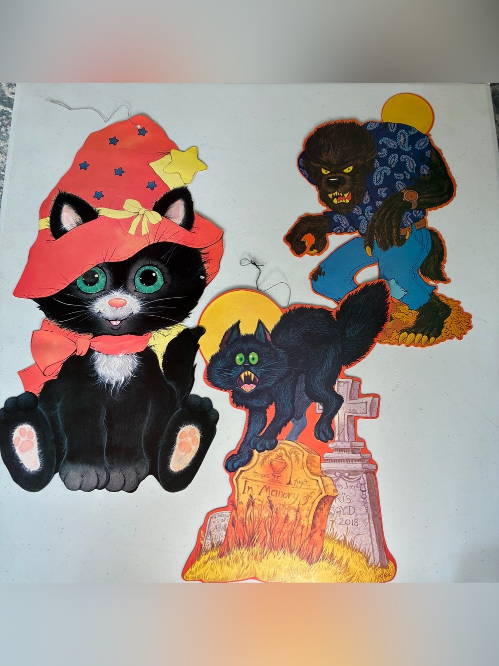 Lot of 4 Vtg Halloween Die Cut Decorations Cat Haunted House Werewolf Pumpkin